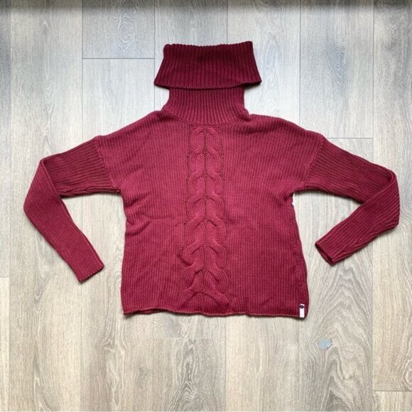 Revolve One Teaspoon Women’s Turtleneck Sweater Chunky Cable Knit Burgundy - Picture 2 of 16